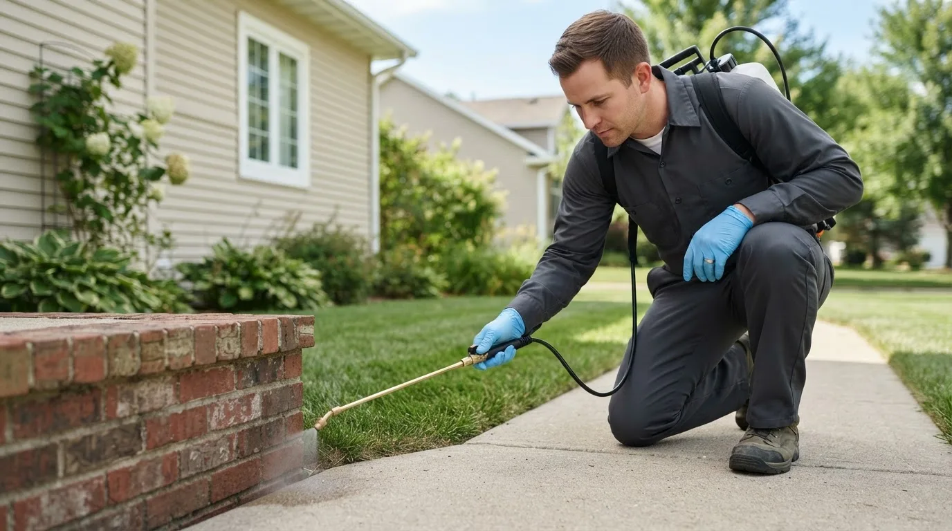 Pest control technician treating a home near West Branch, IA