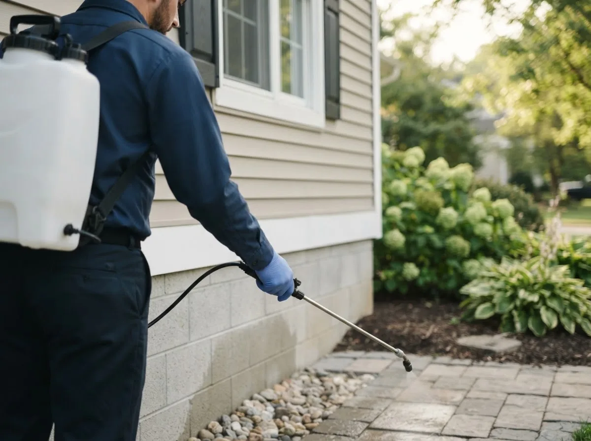 Pest control technician inspecting a home in West Branch, IA